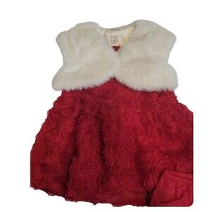 Cat & Jack Faux Fur &  Rosette Holiday Party Dress Set Photo Op 6 - 9 Mos